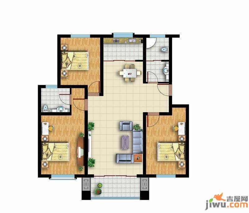 青云紫府3室2厅1卫130㎡户型图