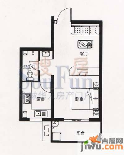 和丰城市花园1室1厅1卫53.7㎡户型图