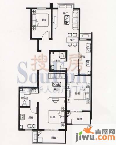 和丰城市花园4室2厅1卫135.5㎡户型图