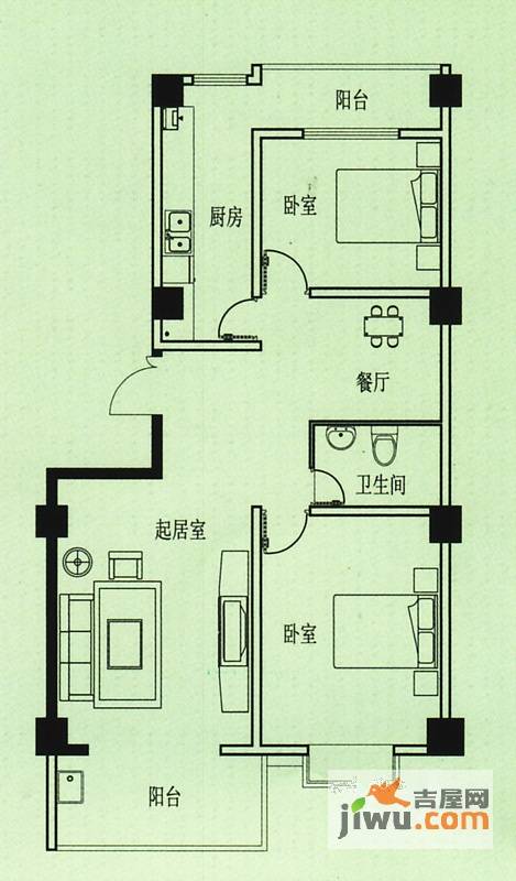 五洲花园2室2厅1卫94㎡户型图