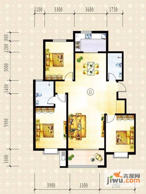 山水圣城3室2厅2卫138.6㎡户型图