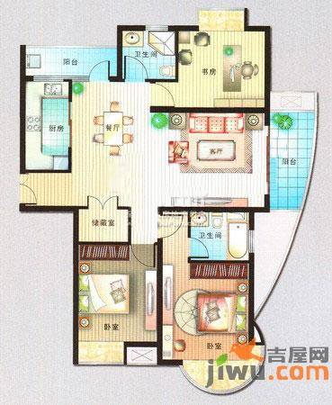 三花现代城三期金3室2厅1卫133㎡户型图