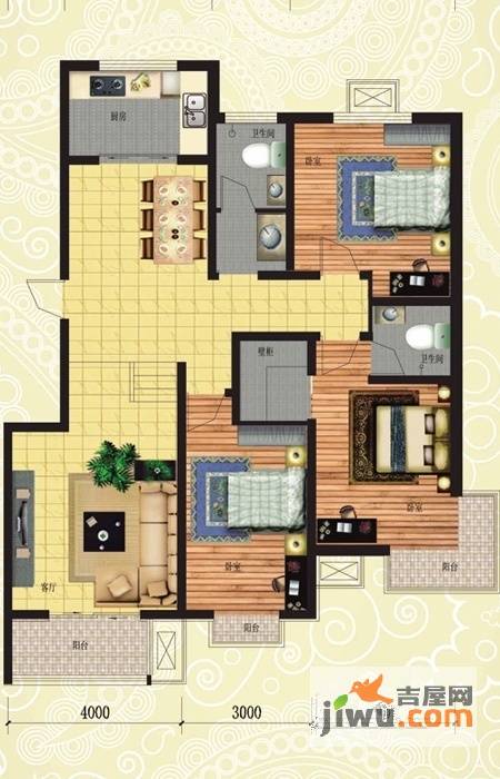 在水一方3室2厅2卫131.2㎡户型图