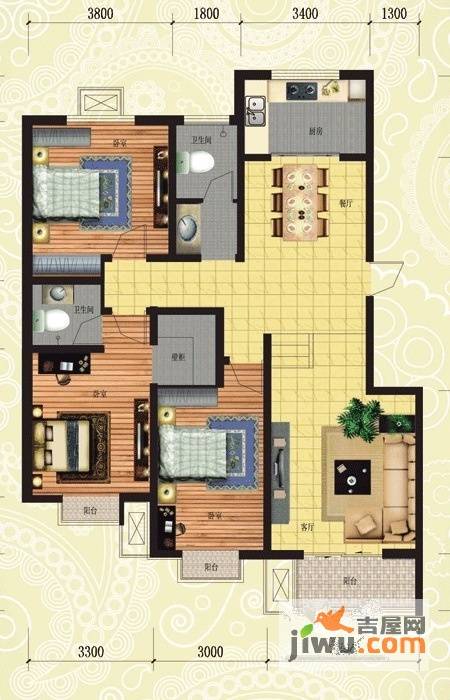 在水一方3室2厅2卫127.6㎡户型图