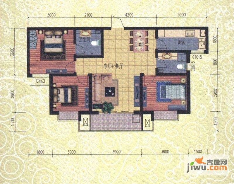 在水一方3室2厅2卫105㎡户型图