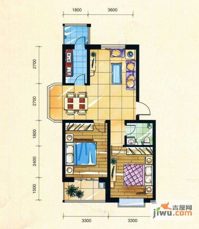 蜜糖小镇2室2厅1卫85.2㎡户型图