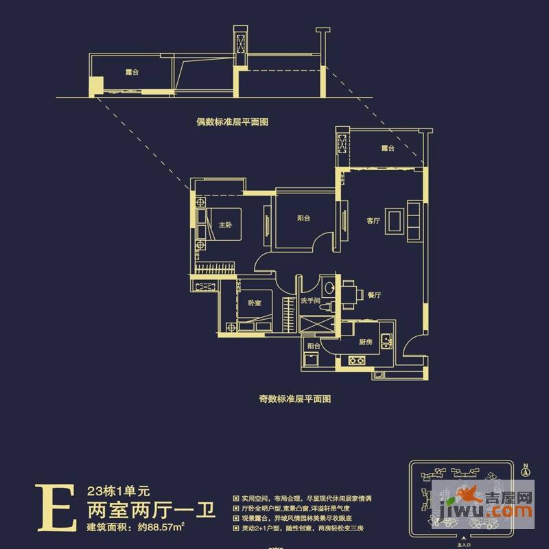 中海塞纳时光2室2厅1卫88㎡户型图