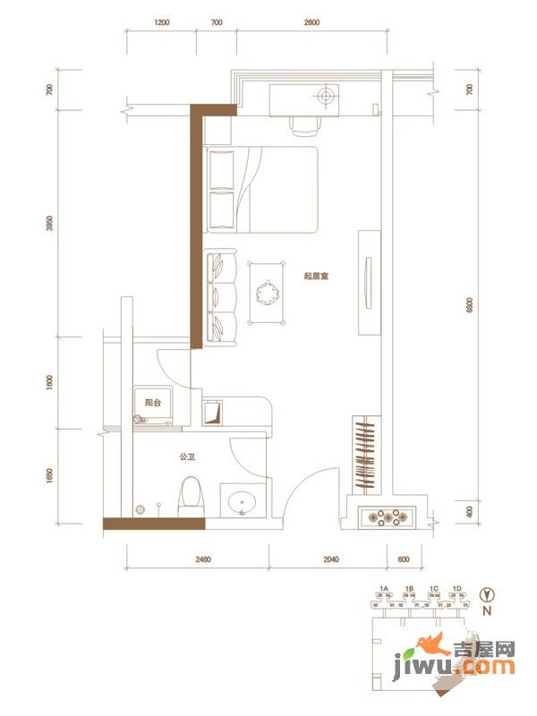 世纪新城1室0厅1卫37㎡户型图