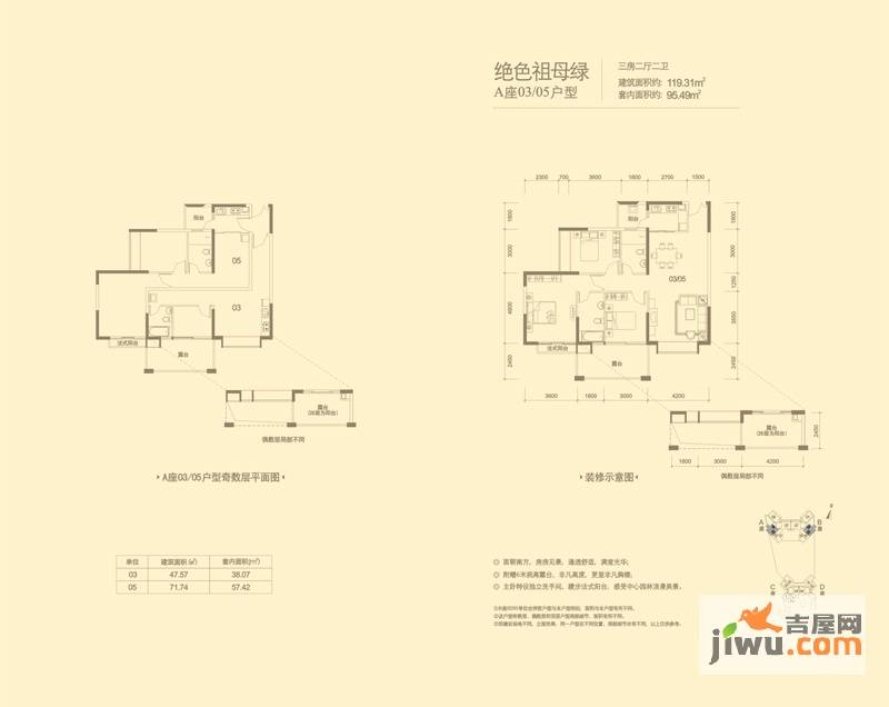 信义湛宝广场3室2厅2卫119㎡户型图