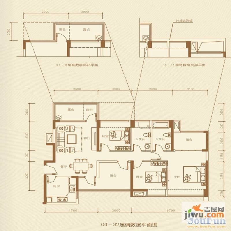 莱蒙水榭春天3室2厅0卫120㎡户型图