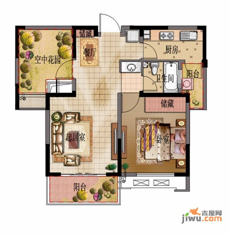 新创理想城1室2厅1卫80㎡户型图