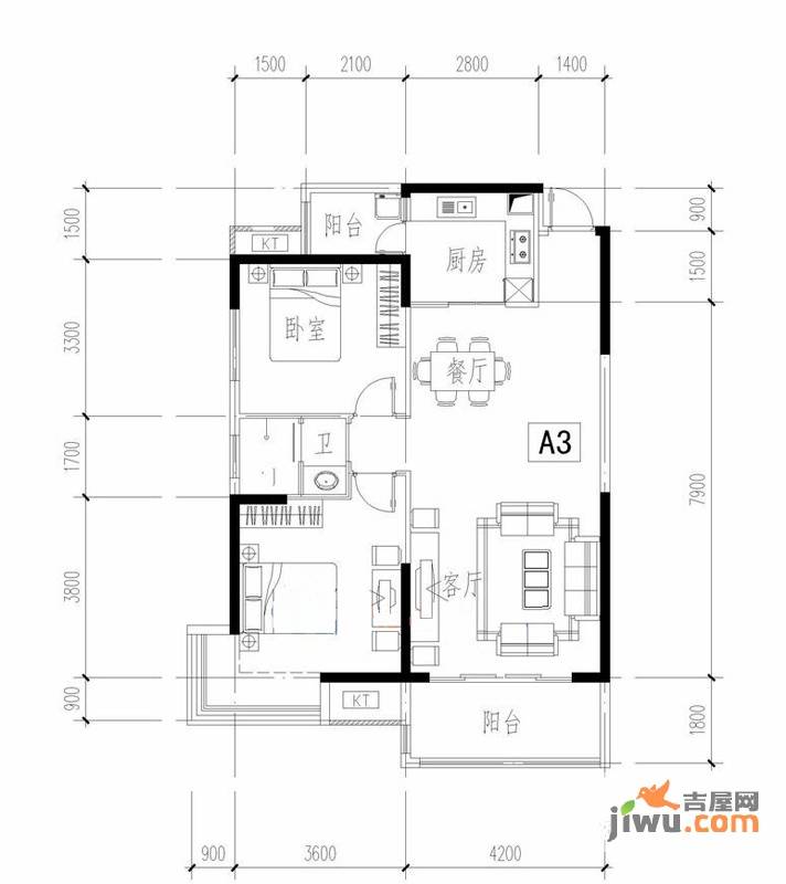 云顶翠峰2室2厅1卫94.5㎡户型图