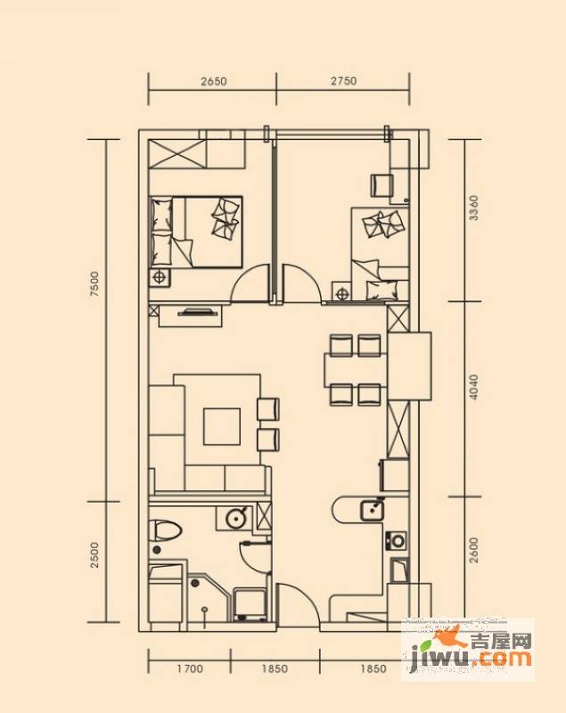 昊天2室2厅1卫75.3㎡户型图