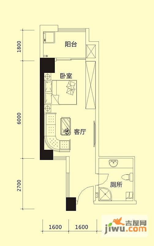 湘水一城1室1厅1卫47.9㎡户型图