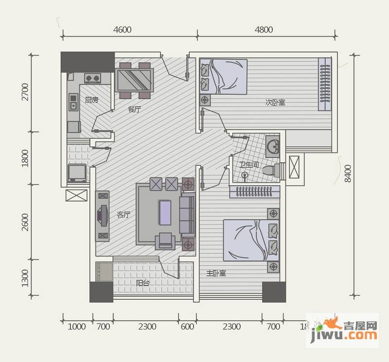 极目楚天2室2厅1卫77.5㎡户型图