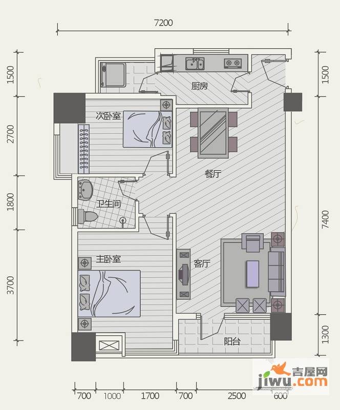 极目楚天2室2厅1卫87㎡户型图