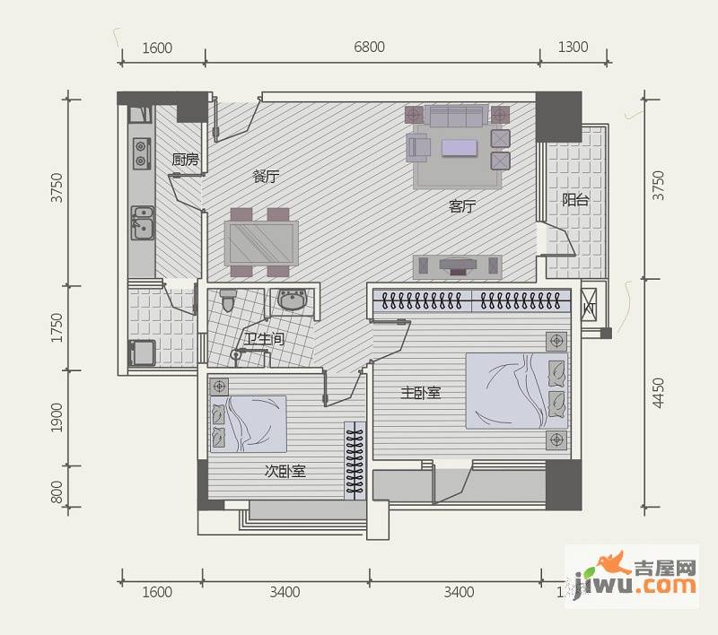 极目楚天2室2厅1卫85.4㎡户型图