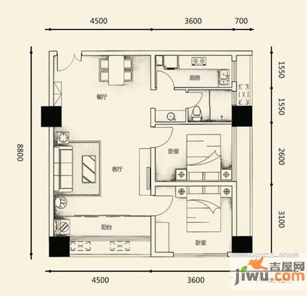 亚商国际2室2厅1卫65.6㎡户型图