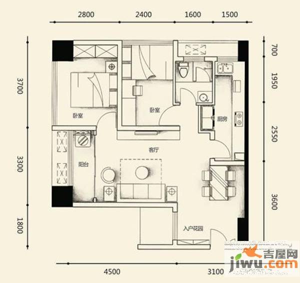 亚商国际2室2厅1卫65.6㎡户型图