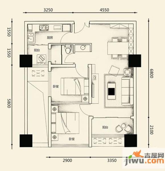 亚商国际2室2厅1卫65.6㎡户型图