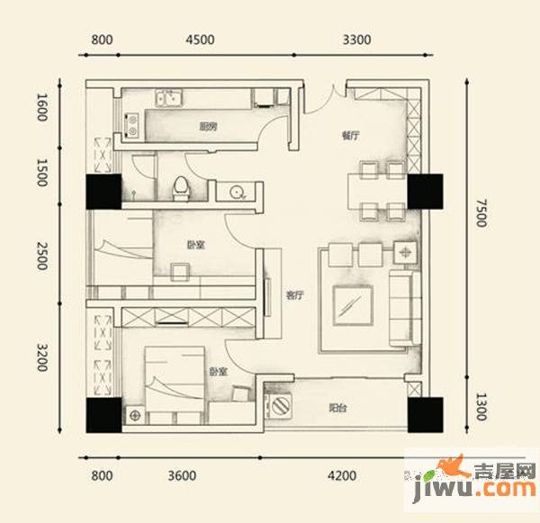 亚商国际2室2厅1卫65.6㎡户型图