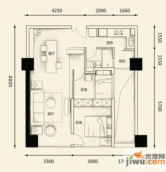 亚商国际2室2厅1卫65.6㎡户型图