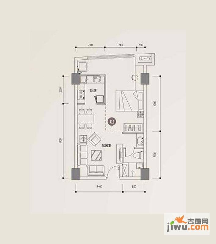 印象天心1室1厅1卫54.7㎡户型图