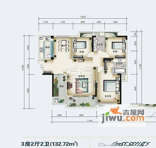 岳泰理想城3室2厅2卫132.7㎡户型图