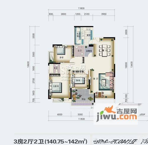 岳泰理想城3室2厅2卫140.8㎡户型图