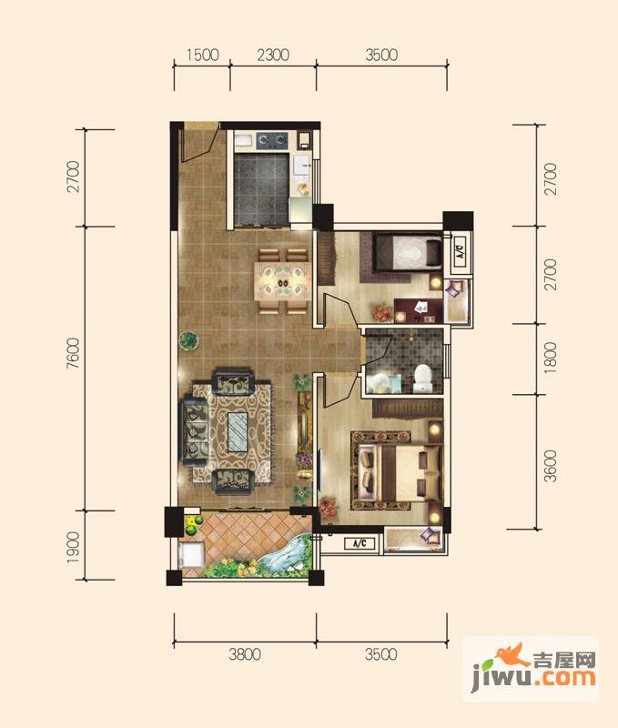 太阳星城2室2厅1卫88.7㎡户型图