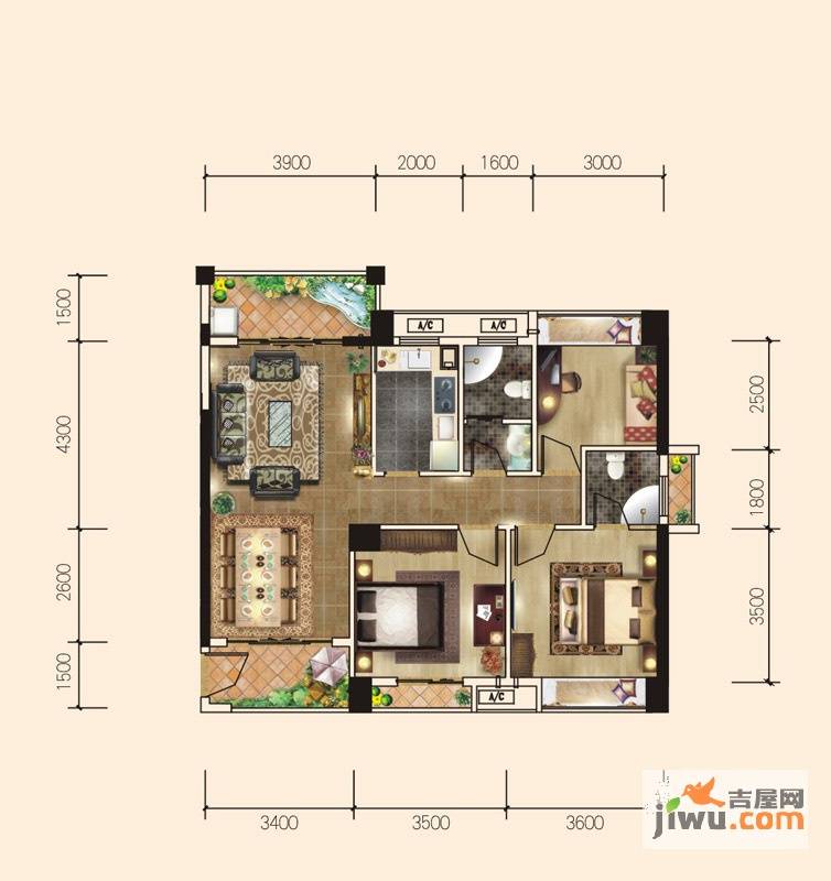 太阳星城3室2厅2卫106.3㎡户型图