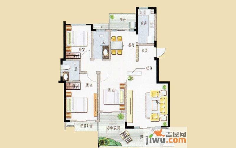 西子湖畔3室2厅2卫128㎡户型图