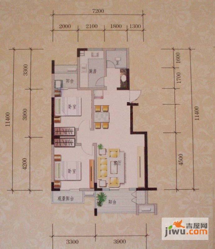 西子湖畔2室2厅1卫89.1㎡户型图