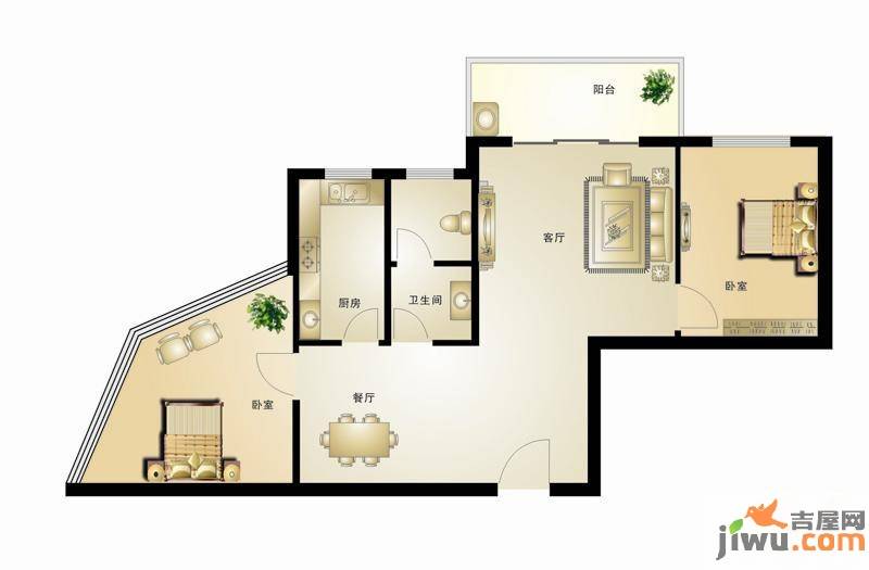 三城华府2室2厅1卫88.5㎡户型图