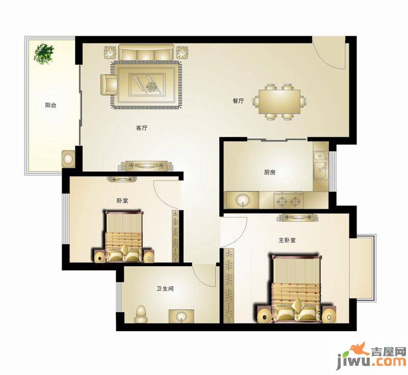 三城华府2室2厅1卫88.5㎡户型图