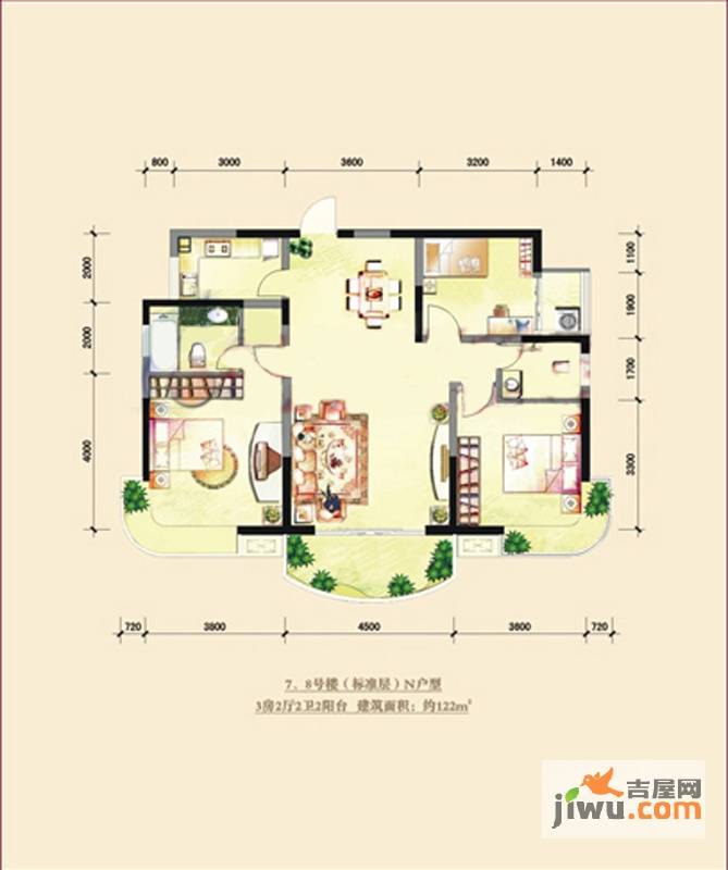 融圣国际3室2厅2卫124.3㎡户型图