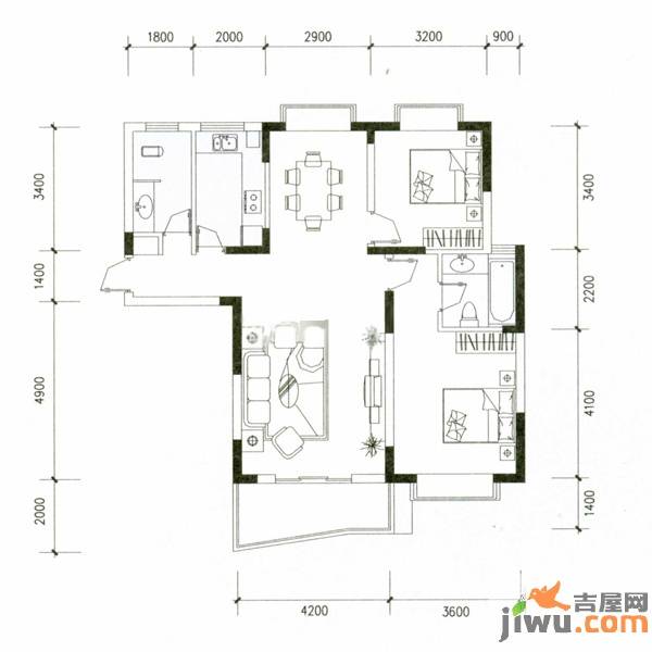 西子花苑2室2厅2卫86.7㎡户型图