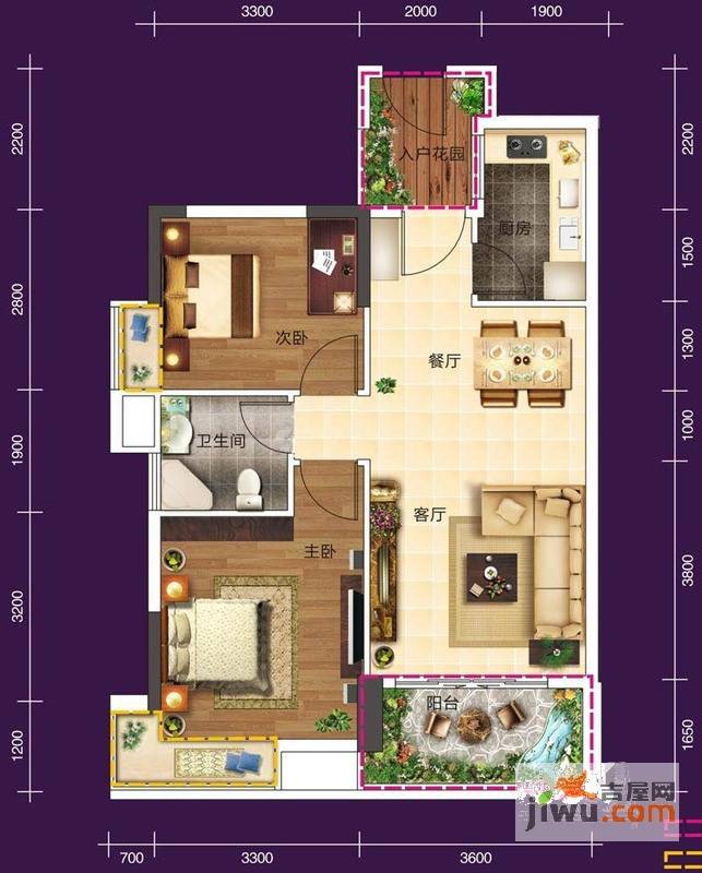 珠江花城2室2厅1卫74㎡户型图