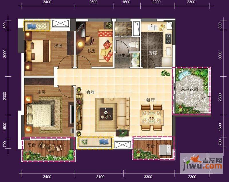 珠江花城3室2厅1卫95㎡户型图