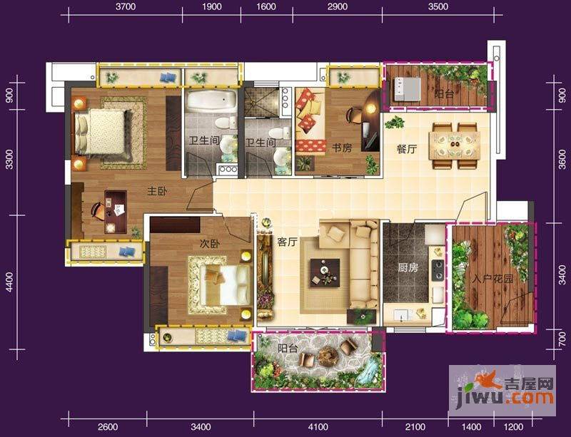 珠江花城3室2厅2卫118㎡户型图