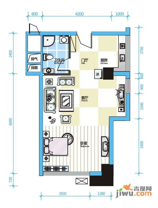 沙发公寓1室1厅1卫56.4㎡户型图
