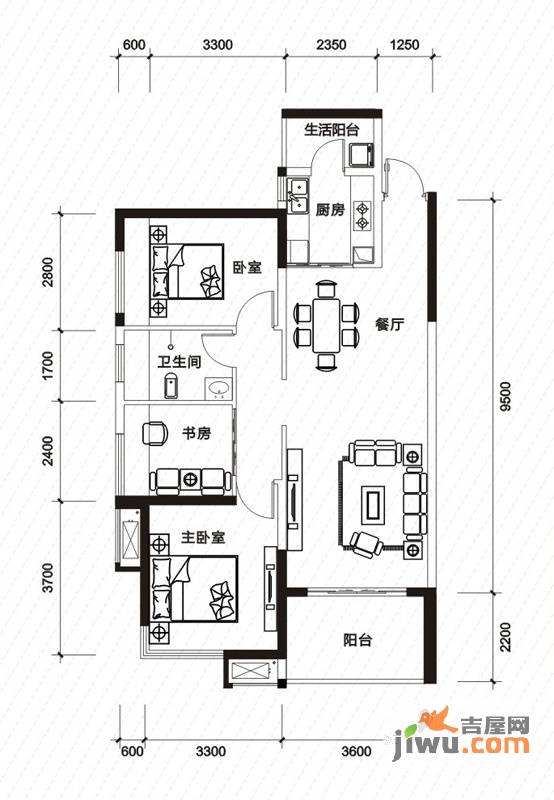 长房南屏锦源3室2厅1卫89㎡户型图