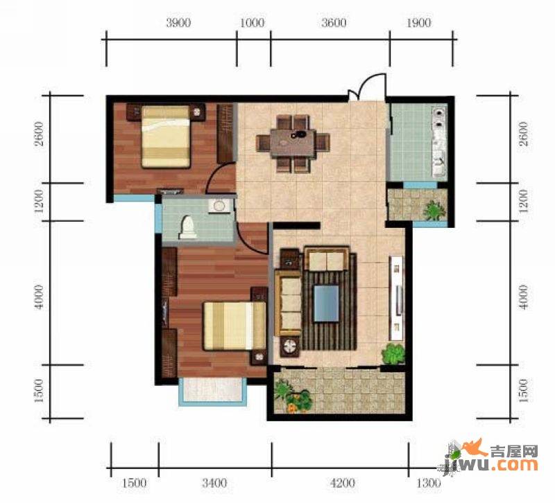 玉龙国际花园2室2厅1卫87㎡户型图