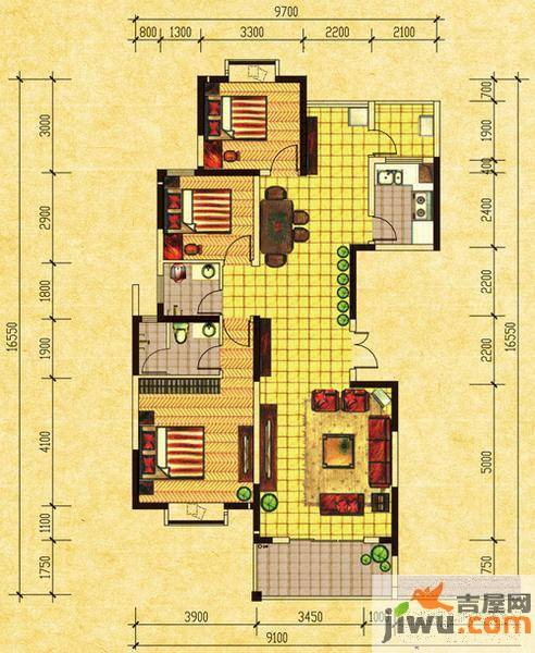 美联天骄城3室2厅1卫130㎡户型图