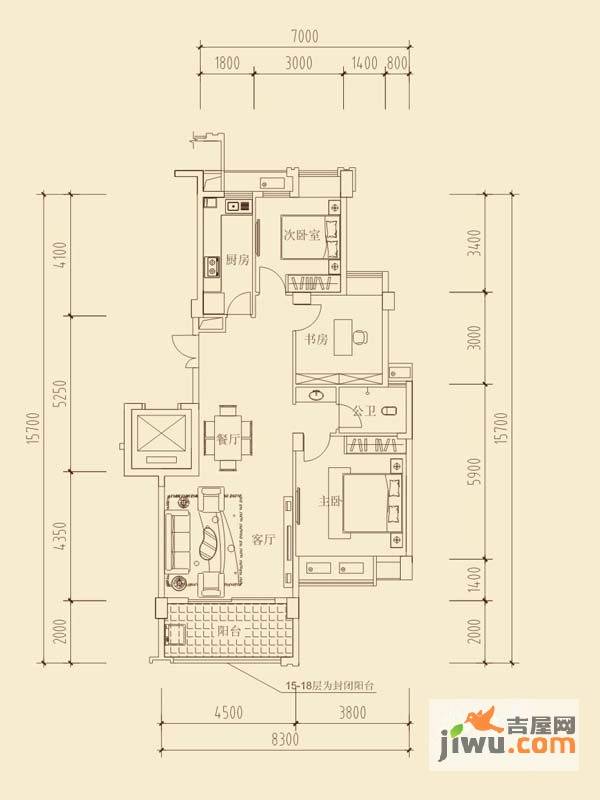 西山汇景3室2厅1卫110㎡户型图