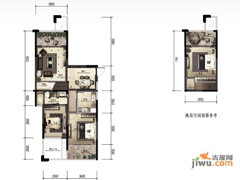 积家3室2厅1卫86㎡户型图