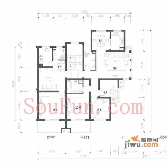 华源福临花苑3室2厅2卫103㎡户型图