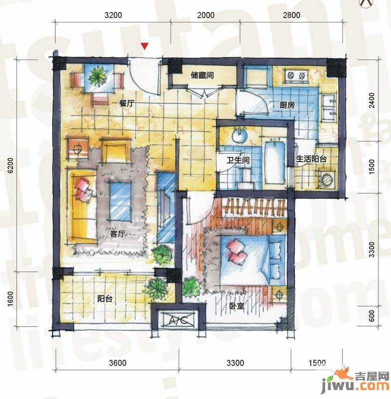 中冶创业苑1室2厅1卫64.8㎡户型图