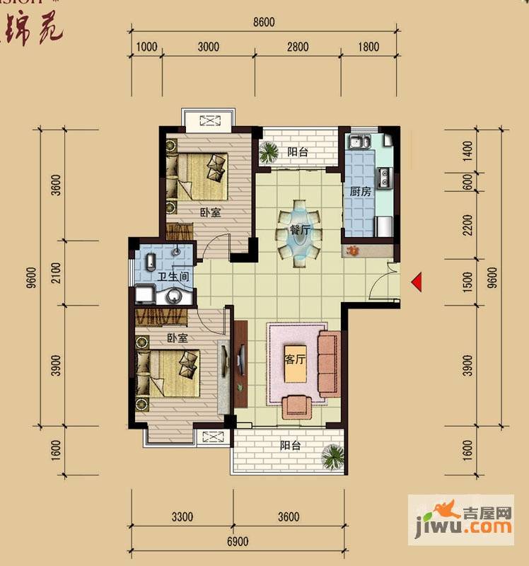 祥达锦苑2室2厅1卫90.4㎡户型图