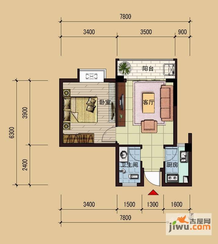 祥达锦苑1室1厅1卫48.3㎡户型图